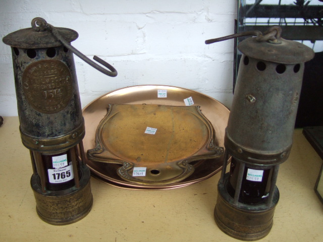 Appraisal: Railway interest two miners lamps also an Art Nouveau brass