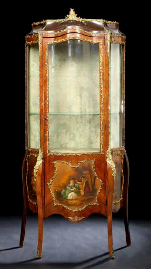 Appraisal: French Gilt-Brass-Mounted Kingwood Vernis Martin and Convex Glass Salon Vitrine