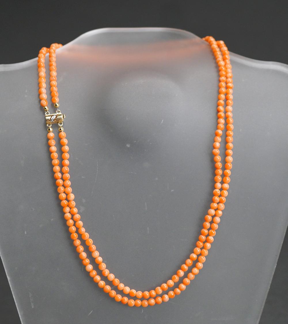 Appraisal: -KARAT YELLOW-GOLD AND CORAL DOUBLE STRAND NECKLACE L IN -Karat