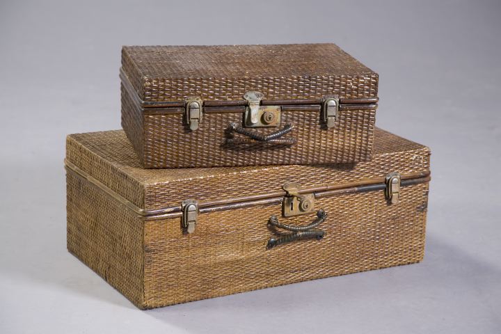 Appraisal: Set of Two Vintage-Inspired Basket-Weave Suitcases each of rectangular form