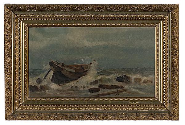 Appraisal: MARINE SCENE MONOGRAMMED American th century oil on canvas depicting