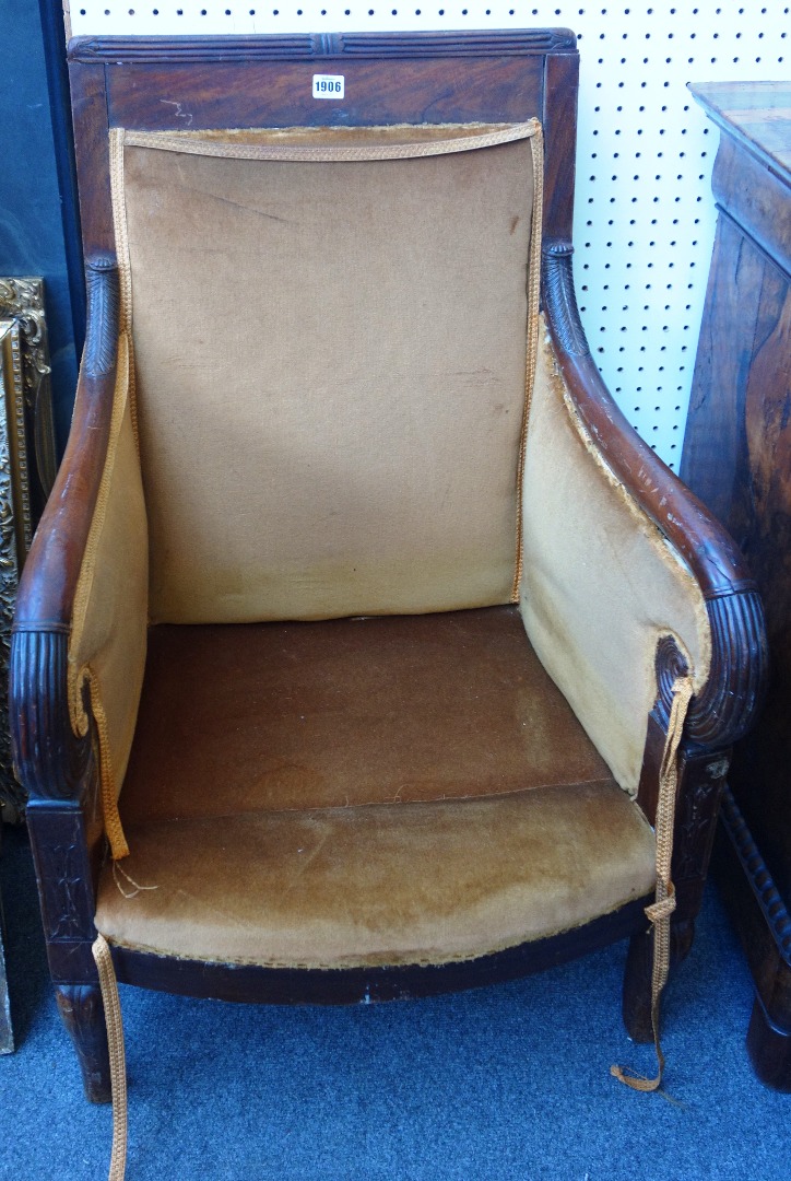 Appraisal: Gouffe Paris a pair of French Empire mahogany framed armchairs