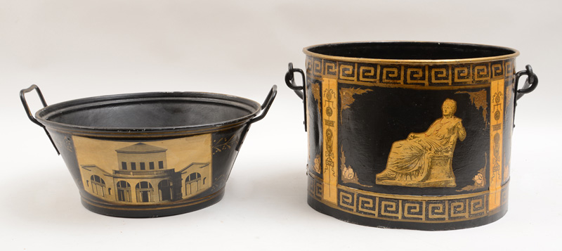 Appraisal: Two Black-Ground T le Peinte Buckets with Classical Paper Decoupage