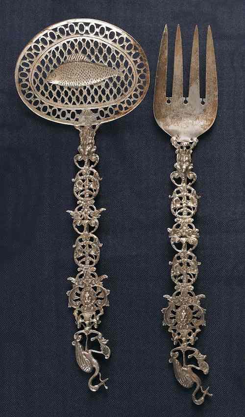 Appraisal: Dutch openwork silver fish scoop and fork ca l and