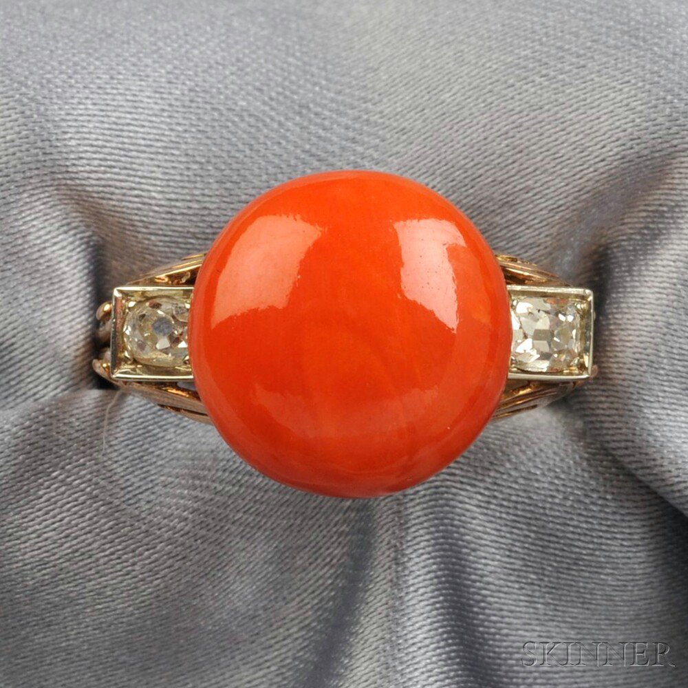 Appraisal: kt Gold Coral and Diamond Ring Austria set with a