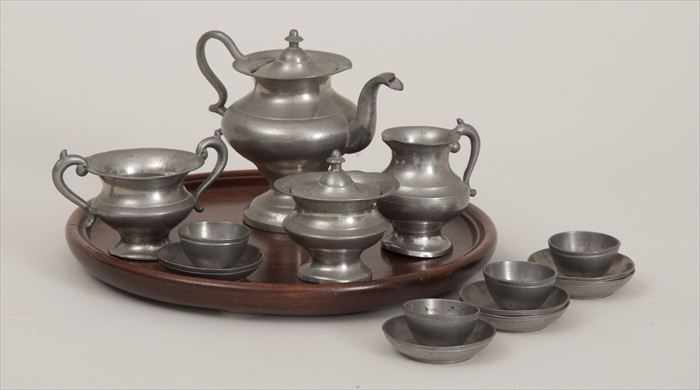 Appraisal: AMERICAN MINIATURE PEWTER SET WITH MAHOGANY TRAY in Provenance Jeffrey