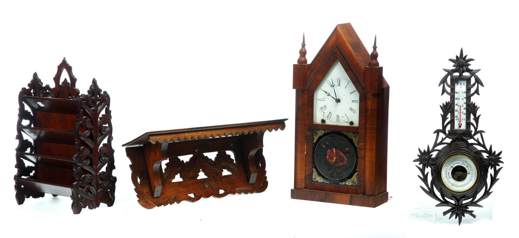 Appraisal: AMERICAN BAROMETER LETTER HOLDER CLOCK AND SHELF Nineteenth- th century