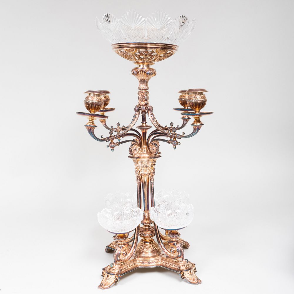 Appraisal: Victorian Silver Plate Cut Glass Mounted Four-Light Epergne x x