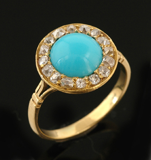 Appraisal: An early Victorian turquoise and diamond cluster ring Centrally set