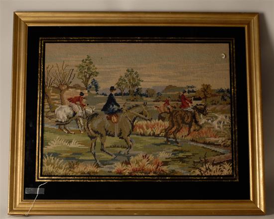 Appraisal: Needlework Picture of Horses and Riders gilt framed x