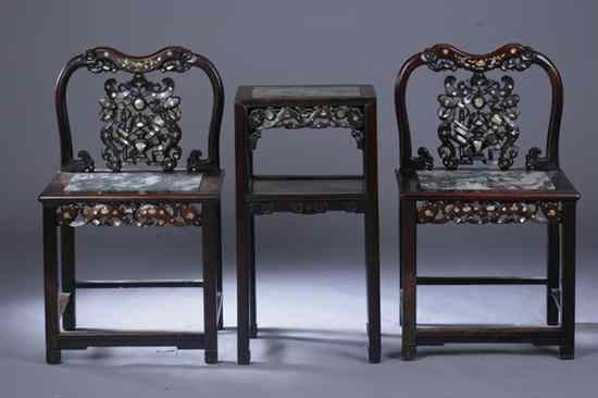 Appraisal: TWO CHINESE ROSEWOOD GREY MARBLE AND MOTHER-OF-PEARL INSET ARMCHAIRS AND