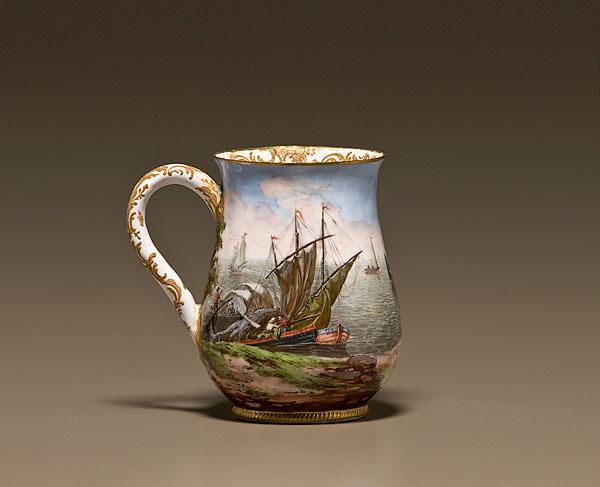 Appraisal: ENAMEL ON COPPER MUG WITH NAUTICAL SCENES th century Continental