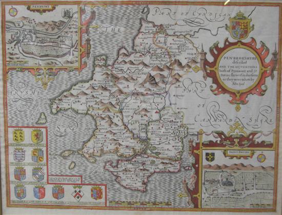 Appraisal: John Speed Penbrokeshyre hand coloured engraved map Title cartouche with