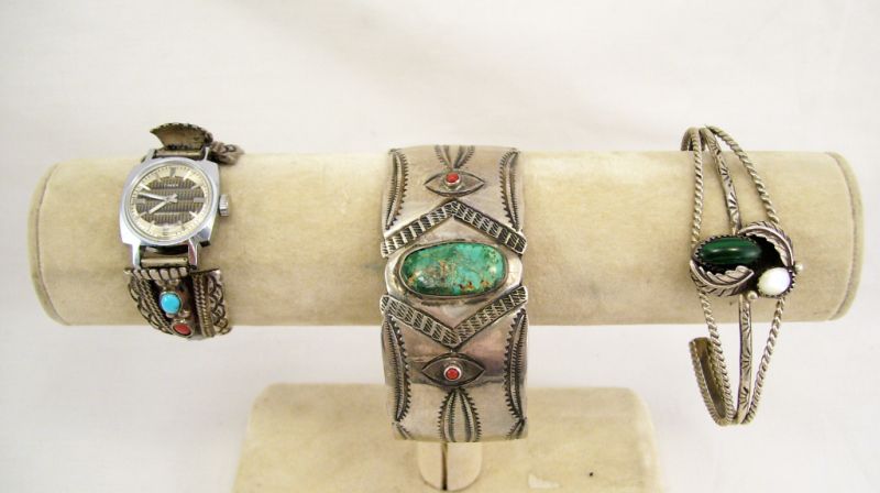 Appraisal: Sterling Bracelet Watch Lot Includes Cuff bracelet with malachite stone