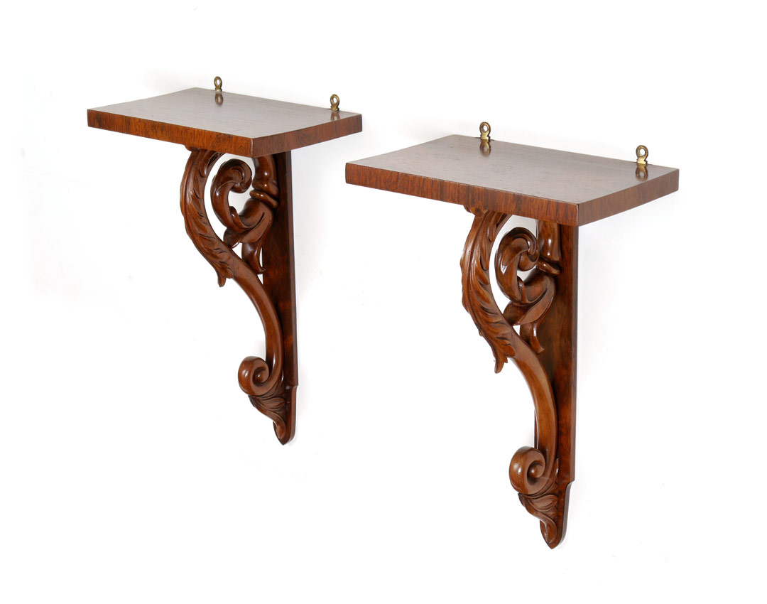 Appraisal: PAIR TH CENTURY ENGLISH CARVED ROSEWOOD WALL BRACKETS Supports carved