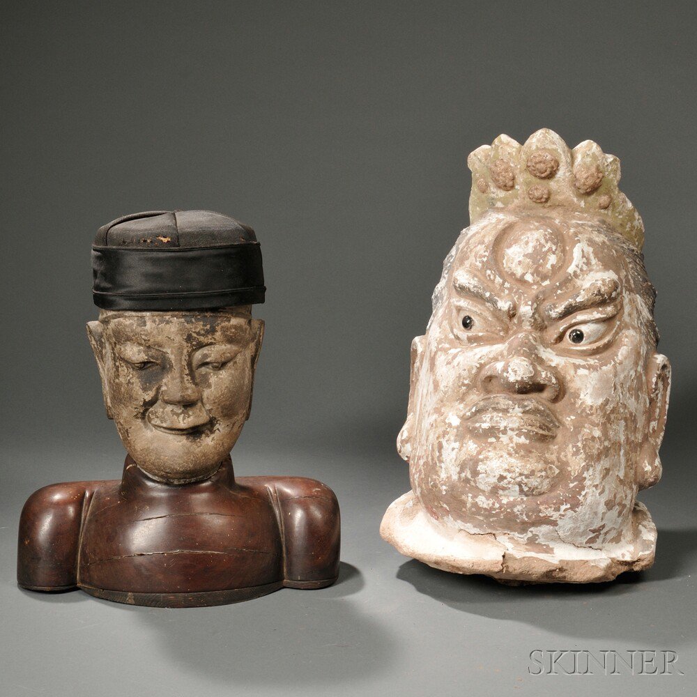 Appraisal: Two Heads China a stone head with a textile hat