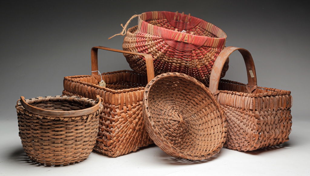 Appraisal: FIVE AMERICAN WOVEN BASKETS Twentieth century Woven splint with bentwood