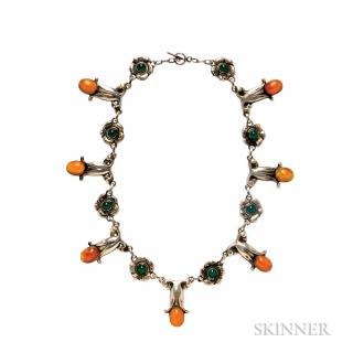 Appraisal: Silver Amber and Green Onyx Necklace Georg Jensen Denmark designed