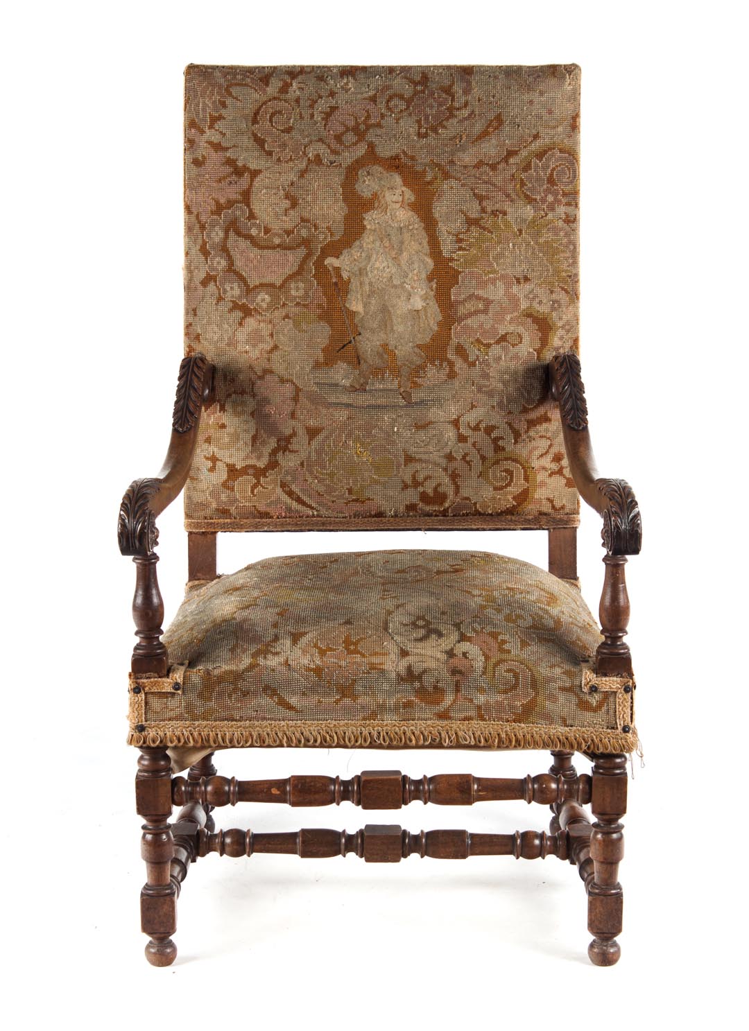 Appraisal: Louis XIV style carved walnut upholstered fauteuil rectangular tapestry upholstered