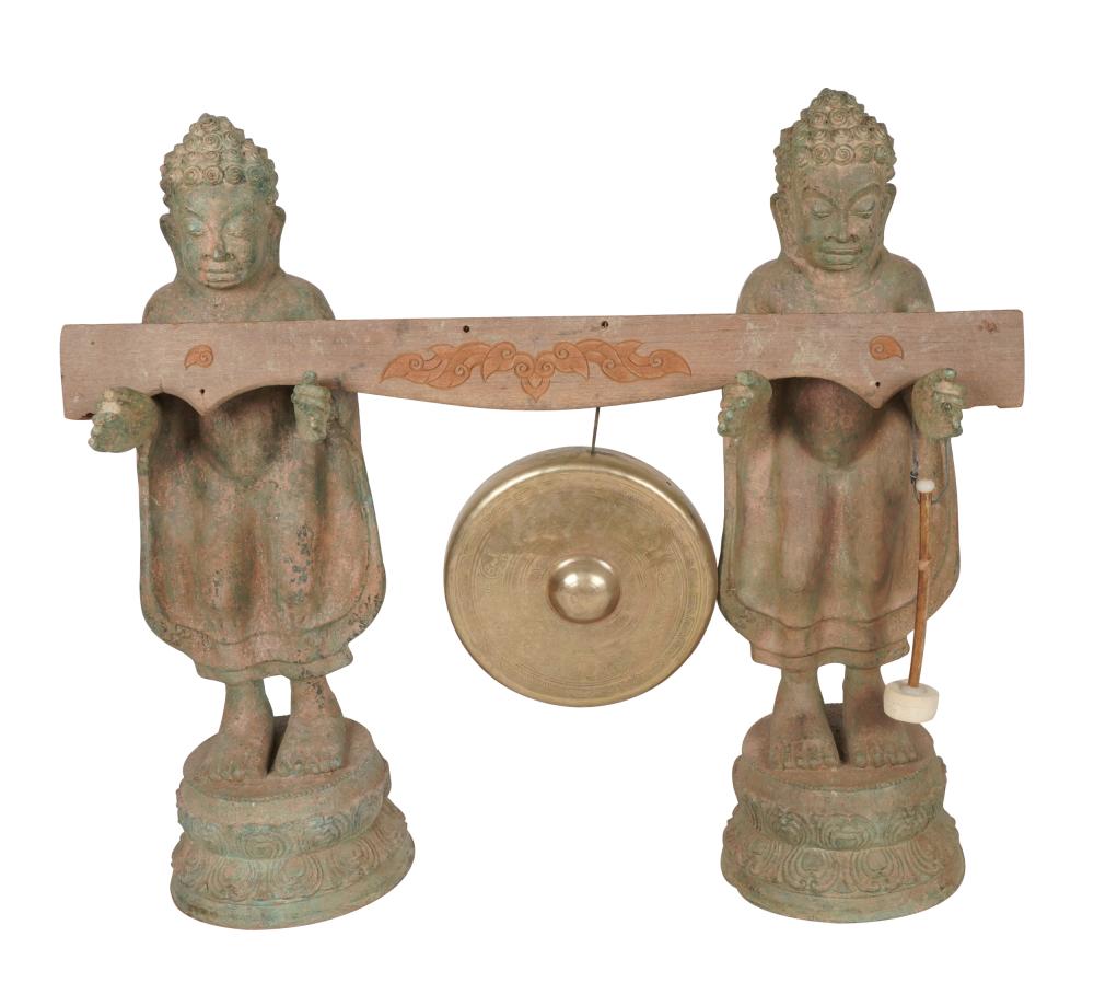 Appraisal: PAIR OF BRONZE BUDDHA FIGURESwith wooden bar suspending a brass