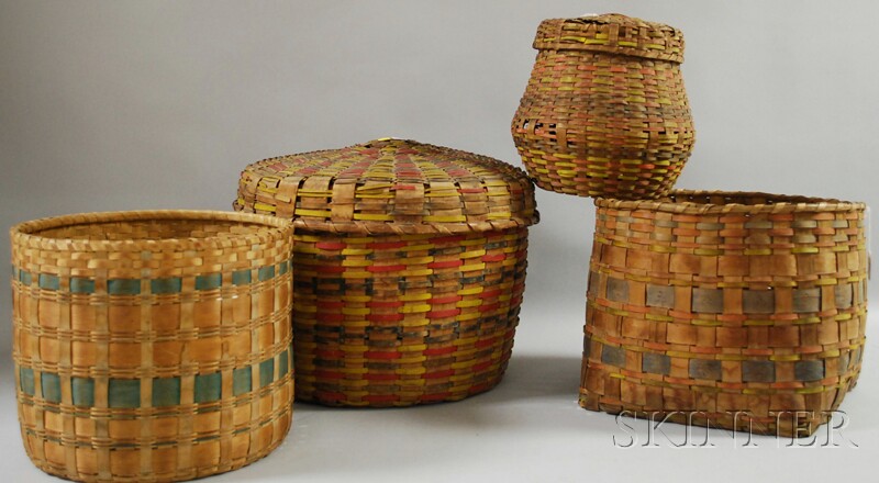 Appraisal: Four Paint-decorated Woven Splint Baskets two with covers some loss