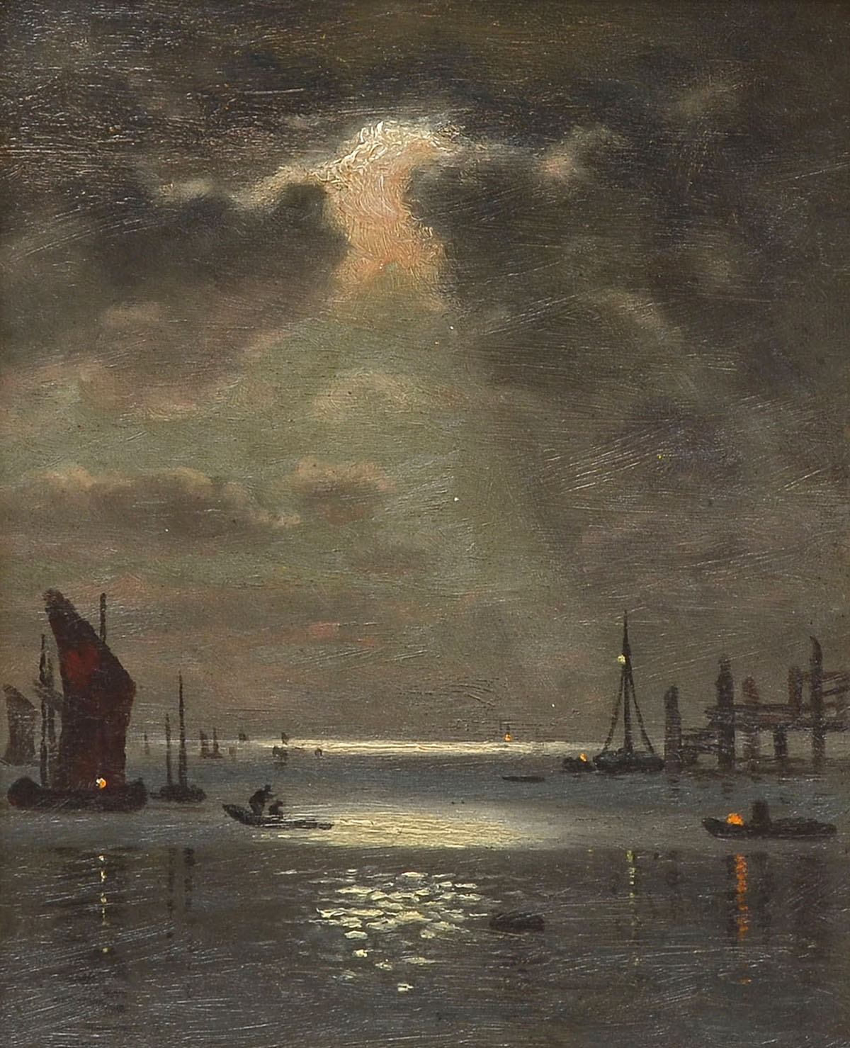 Appraisal: MOONLIT NOCTURNAL HARBOR PAINTING Late th early th Century Oil