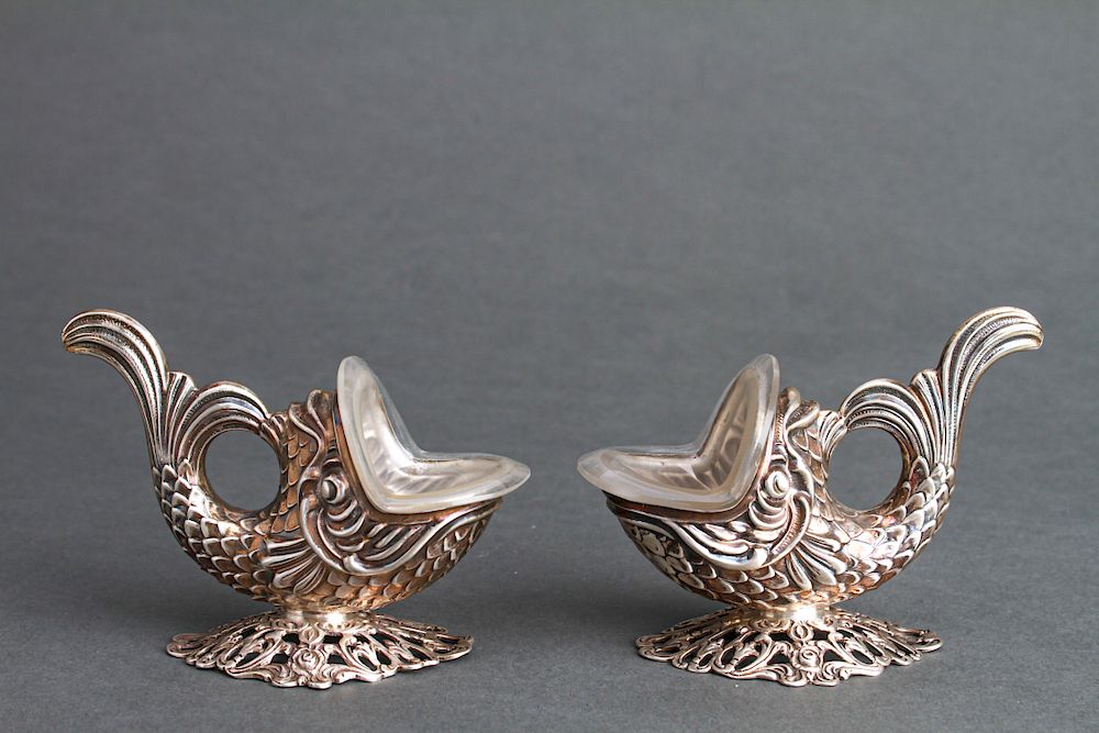 Appraisal: W Germany Sterling Silver Glass Dolphin Salts Pr Pair of