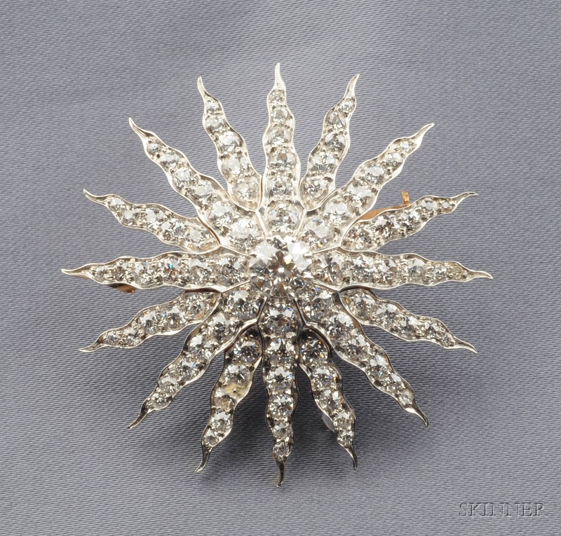 Appraisal: Edwardian Diamond Starburst Brooch centering an old European-cut diamond weighing