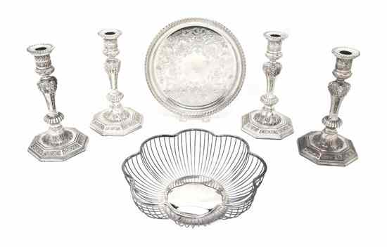 Appraisal: A Collection of Silverplate Serving Articles comprising four circular galleried