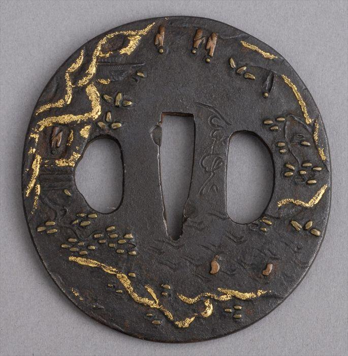 Appraisal: JAPANESE GILT-HIGHLIGHTED BRONZE TSUBA The front relief molded with figures