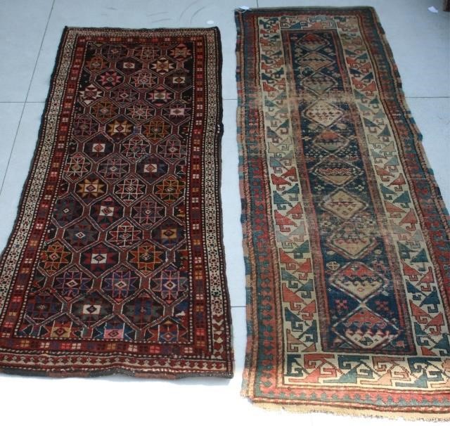 Appraisal: TWO SEMI-ANTIQUE ORIENTAL RUNNERS ONE HASGEOMETRIC DESIGN SHOWS SUBSTANTIAL WEAR