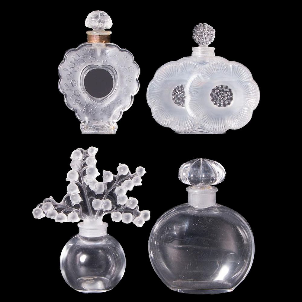 Appraisal: Three Lalique Perfume Bottles and One Puiforcat Perfume Claire Fontaine