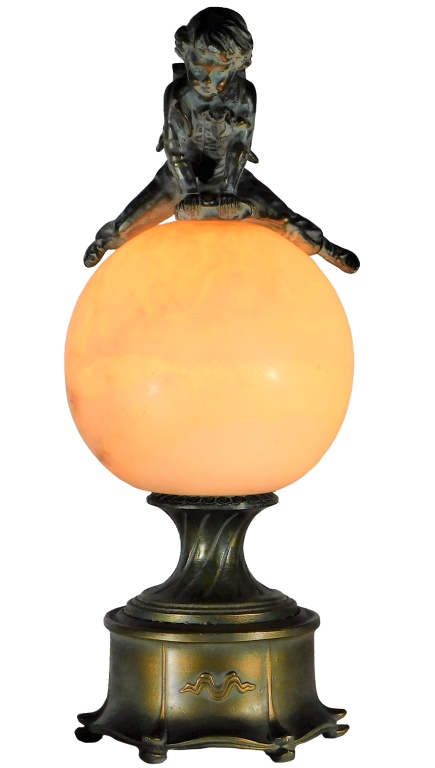 Appraisal: ART NOUVEAU ALABASTER SPELTER LEAPFROG TABLE LAMP United States Early