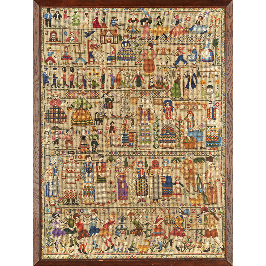 Appraisal: ENGLISH SCHOOL EMBROIDERED WOOLWORK SAMPLER DATED depicting figures in European