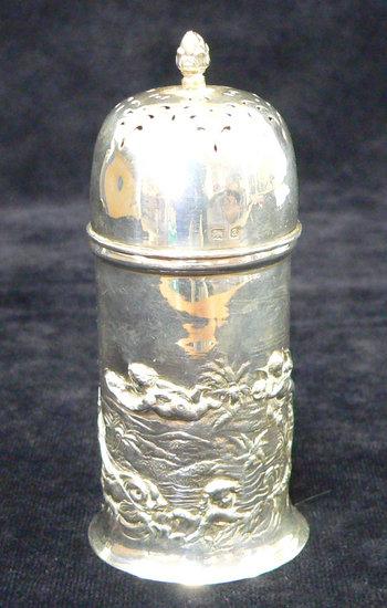 Appraisal: A cylindrical sugar caster the pierced cover with acorn finial