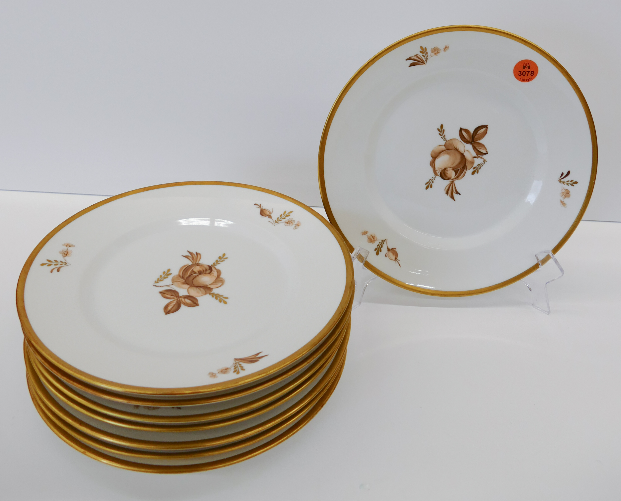 Appraisal: pc Royal Copenhagen Brown Rose Porcelain Luncheon Plates Gilt decoration