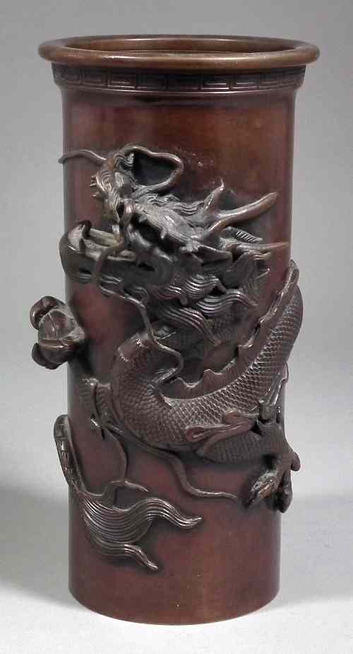 Appraisal: A th Century Chinese brown patinated bronze sleeve vase with