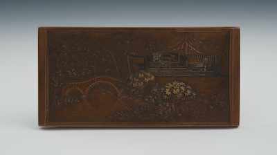 Appraisal: A Japanese Shakudo Plaque The rectangular bronze plaque measuring apprx