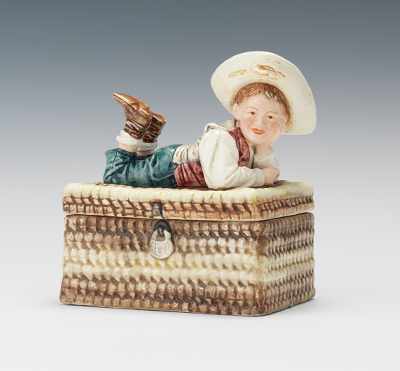 Appraisal: Majolica Tobacco Box With Country Boy on Wove Basket Porcelain