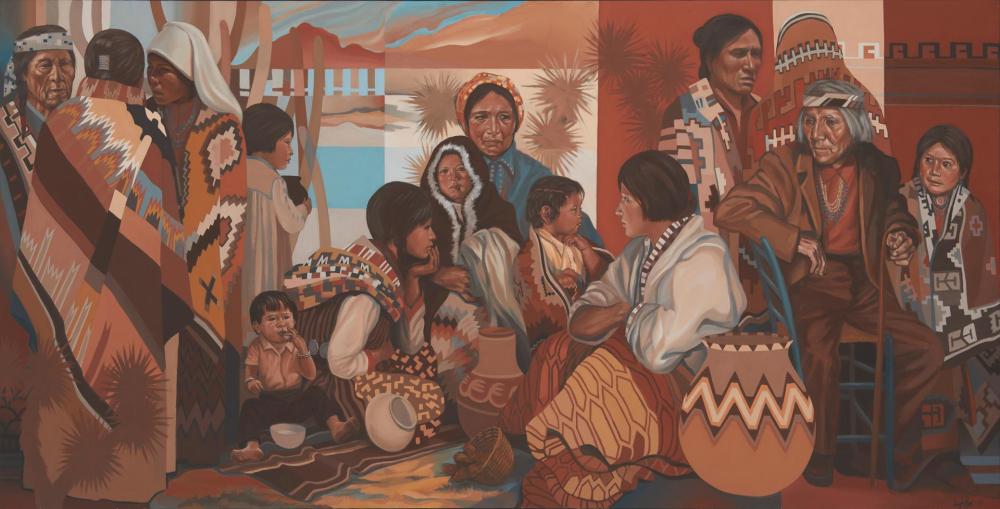 Appraisal: Jon Lightfoot - Cherokee Multigenerational figural scene Oil on canvas