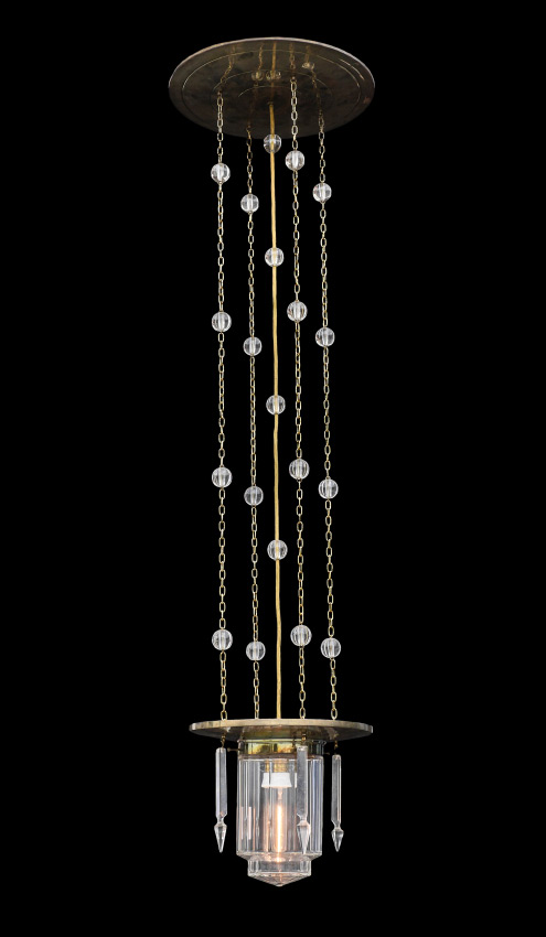 Appraisal: MODERNE BRASS GLASS HANGING LIGHT Single light in molded clear