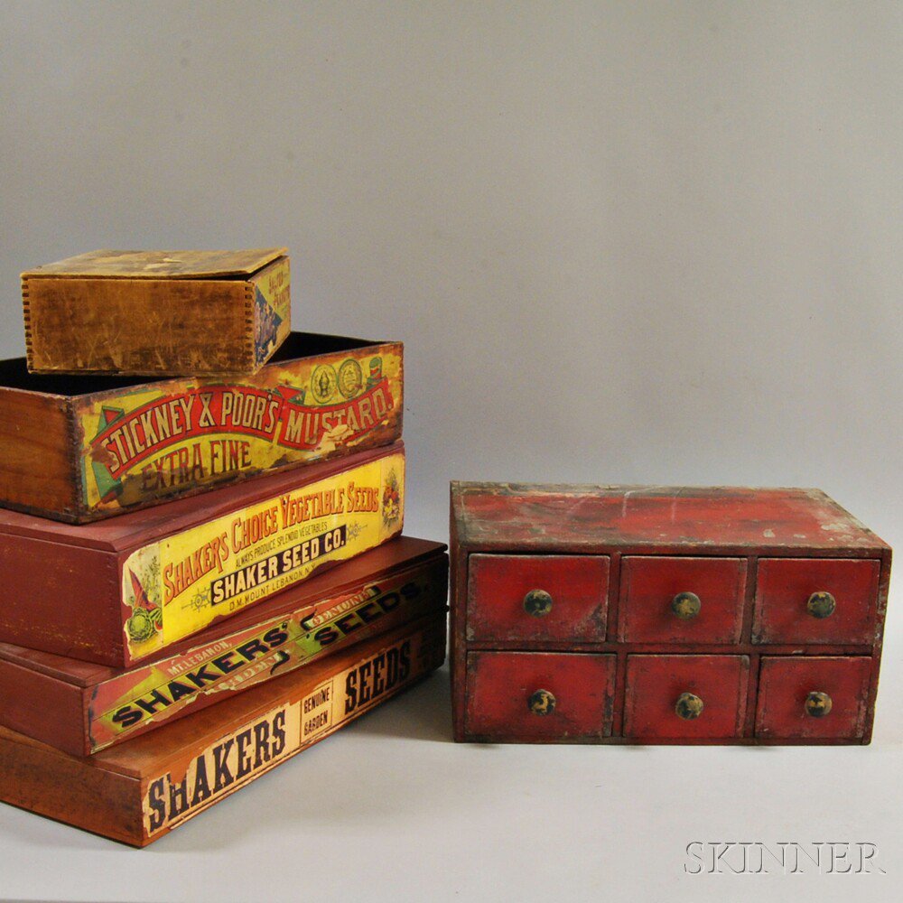 Appraisal: Five Advertising Boxes and a Red-painted Apothecary a Lion salted