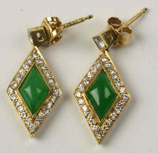 Appraisal: A pair of jade and diamond ear pendants set in