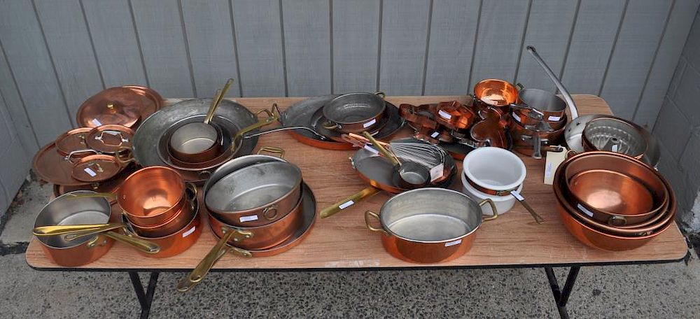 Appraisal: Large Group Copper Cookware Related Items including sauce pans paella