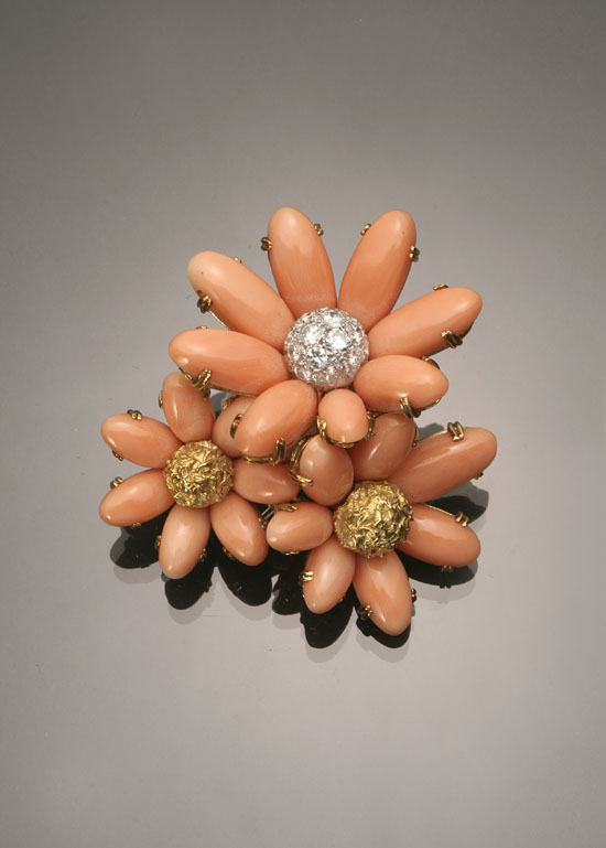 Appraisal: -Karat Yellow-Gold Diamond and Coral Floral Clip Fred One stamen