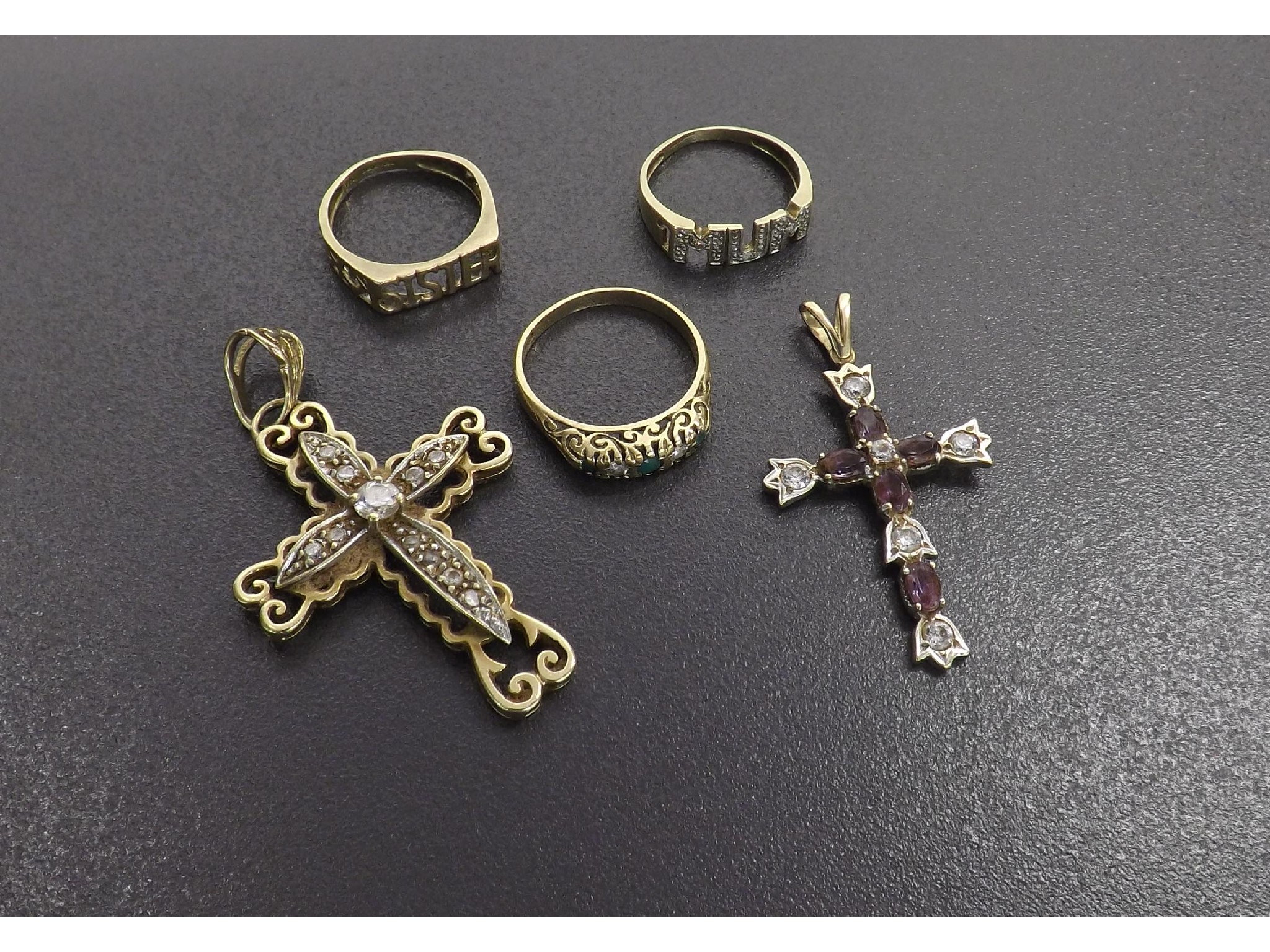 Appraisal: - -A Two cross pendants together with three rings gm