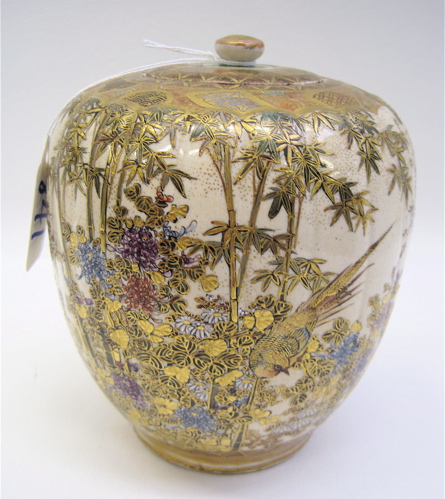 Appraisal: JAPANESE SATSUMA POTTERY COVERED JAR hand painted decoration with gold