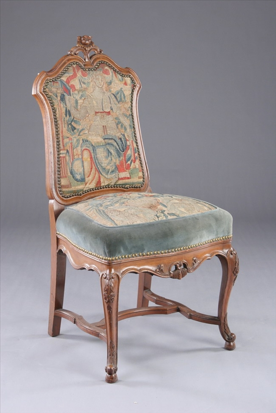 Appraisal: REGENCE STYLE CARVED FRUITWOOD SIDE CHAIR WITH TAPESTRY AND VELVET