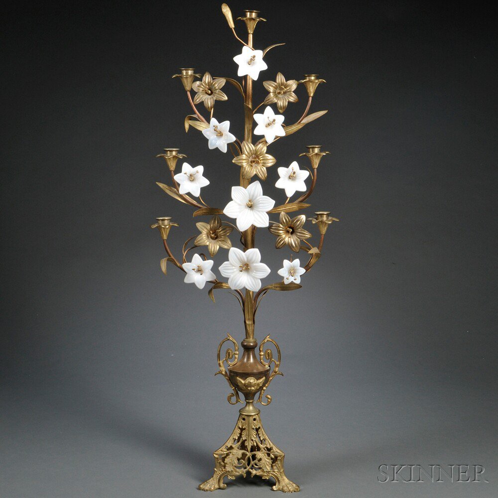 Appraisal: Floriform Bronze and Glass Seven-light Candelabrum Continental th century cast