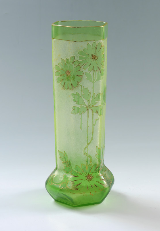 Appraisal: MONT JOYE QUALITY GREEN FLORAL CAMEO GLASS VASE Hexagonal form